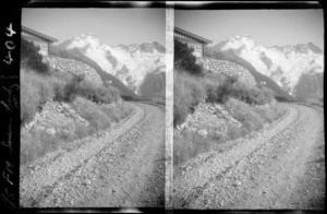 View of a glacier [on Mt Sefton?], at Aoraki/Mt Cook National Park, Canterbury region, including part of The Hermitage Hotel