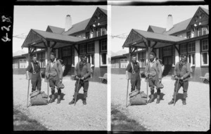Three men [Edgar Williams on left?], with mountaineering gear, outside The Hermitage Hotel, Aoraki/Mt Cook National Park, Canterbury region