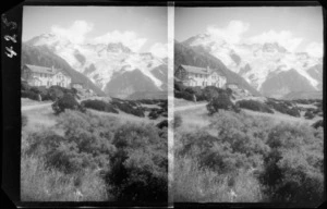 View of glacier [and Mt Sefton?], with The Hermitage Hotel in front, Aoraki/Mt Cook National Park, Canterbury region