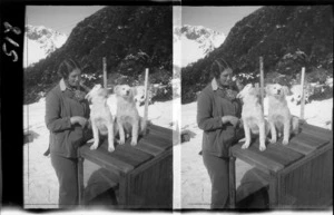 Unidentified woman, with sled dogs, Mount Cook National Park, Canterbury Region