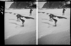 Unidentified skiers, on the snow, Mount Cook National Park, Canterbury Region