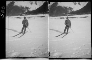 Unidentified skier, with a single pole, Mount Cook National Park, Canterbury Region