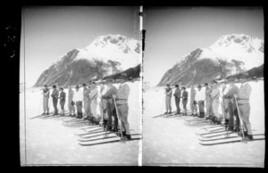 Unidentified skiers, ready for a race, Mount Cook National Park, Canterbury Region