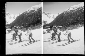 Unidentified skiers, during a race, Mount Cook National Park, Canterbury Region