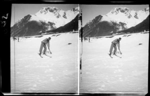 Unidentified skier, pushing off the snow with poles, Mount Cook National Park, Canterbury Region