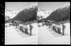 Unidentified skiers, in a line ready for a race to begin, Mount Cook National Park, Canterbury Region