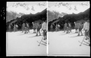Unidentified female skiers, during a race, Mount Cook National Park, Canterbury Region