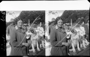 Unidentified women, with sled dogs, Mount Cook National Park, Canterbury Region