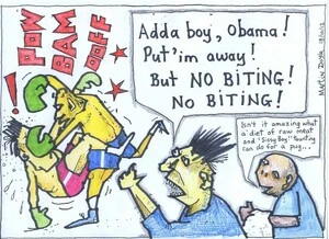 Doyle, Martin, 1956- :"Adda boy, Obama! Put 'im away! But NO BITING! NO BITING!" 18 October 2012