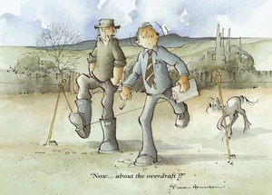 Henshaw, David, 1939-2014 :"Now...about the overdraft!" from Jock's Country Life calendar published in 1997 (January page).