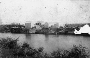 Photograph of settlement by Waihou River, Te Aroha