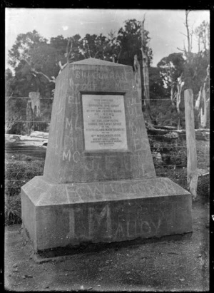 Obelisk to mark the position of the last spike driven on the North Island Main Trunk Line, at Manganui a te Ao, in November 1908.