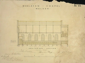 Beatson, William, 1808?-1870 :Wesleyan Chapel, Nelson. No. III. Longitudinal section looking east. [August-September 1857].