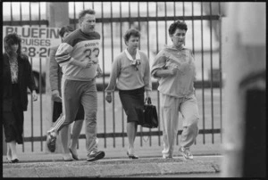 Finance minister Ruth Richardson jogging to work, accompanied by a member of the Diplomatic Protection Squad, Wellington