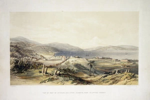 Kettle, Charles Henry 1820-1862 :View of part of Dunedin and upper harbour from Stafford Street [1849]. C. H. Kettle delt. Standidge & Co. Litho. London. Published and sold by Trelawney Saunders, [1849?]