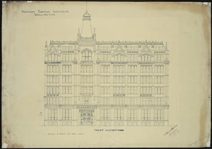 Collins & Harman, architects :Dominion Farmers' Institute Wellington. Front elevations. Scale 8 feet to one inch. Collins & Harman, architects, Ch[rist]ch[urch. ca 1917].