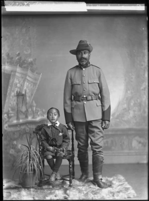 Portrait of Maori soldier (Rangi, surname unknown) and boy