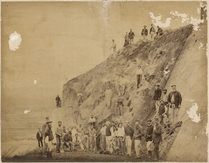 MacDonald, D R :One mounted photograph of Tauranga Militia roadmaking at Chadwicks Cutting