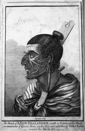 Parkinson, Sydney 1745-1771 :The head of a New Zealander, with a comb in his hair, an ornament of green stone in his ear, and another of fish's tooth round his neck, &c. / Thornton sculp. - [London? 1790s?].