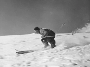 Man skiing on the Rangiwahia Ski Club grounds on the Ruahine range - Photograph taken by Bruce Valentine Davis