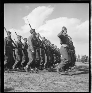 Maori Battalion during a parade of the New Zealand Division in Tripoli before Winston Churchill, during World War 2 - Photograph taken by H Paton