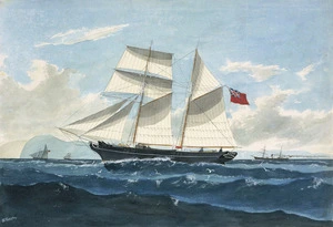 Forster, William James, 1851-1891 :The topsail schooner 'Shepherdess' of Wellington in Cook Strait. [ca 1870].