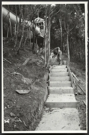 Preparing steps to water slide, Baths Complex, Wainuiomata