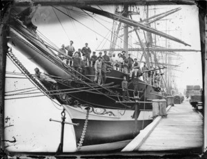View of the prow of the sailing ship Otaki, at Port Chalmers