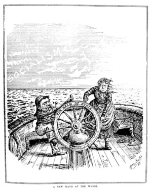 Hunter, Ashley John Barsby, 1854-1932:A New Hand At The Wheel. The New Zealand Graphic and Ladies Journal 22 April 1899.