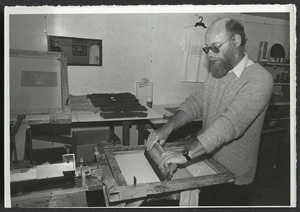 Mr Bohm at Fergies screen printing, Homedale, Wainuiomata