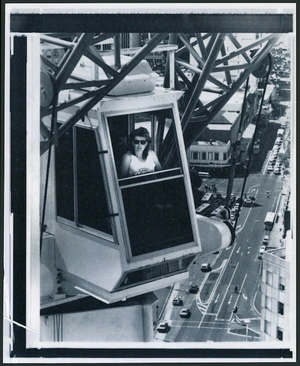 Caroline Nola in the operating cab of a tower crane, Auckland