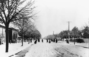 People playing in the snow in Perry Street, Masterton