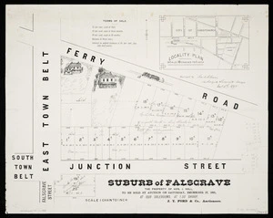 Davie, Frank H, fl 1881 :Suburb of Falsgrave [map with ms annotations]. The property of Hon. J Hall, to be sold by auction on Saturday, December 17, 1881, at our salerooms, at 1.30 sharp. J.T. Ford & Co., Auctioneers. Surveyed by Frank H Davie, 1881