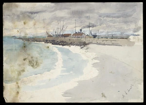 Smith, Maurice Crompton, 1864-1953 :[Boats at a wharf, possibly Hutt River Mouth. 1900-1949].