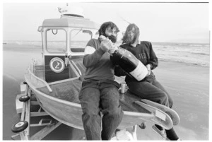 Peter and Ruth McKenzie celebrate the Kapiti Coast's new rescue craft - Photograph taken by Mark Coote