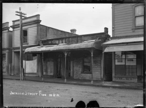 View of shop frontage damaged by fire, in Jackson Street, Petone, 18 August 1901.