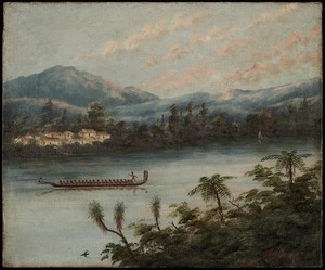 Backhouse, John Philemon, 1845-1908 :[Maori war canoe, Waikato River. ca 1880]