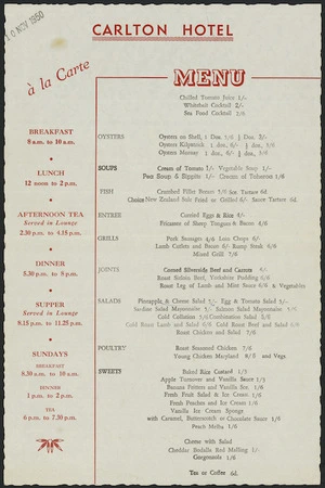 Carlton Hotel (Wellington) :Carlton Hotel a la carte menu. 10 Nov 1950.