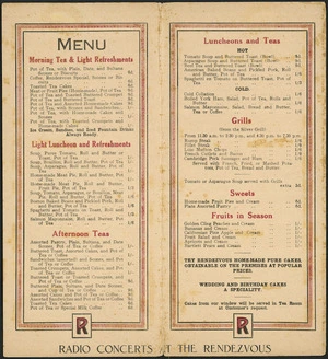 [Rendezvous Luncheon & Tea Rooms]: Menu. Radio concerts at the Rendezvous [1930s?]