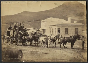 Creator unknown :Photograph of Cobb's coach in Palmerston taken by the Burton Brothers (Dunedin)