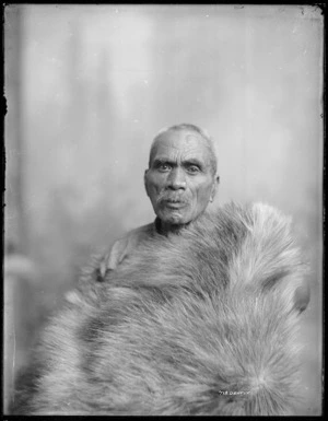 Unidentified elderly Maori man and animal skin cloak, Wanganui region - Photograph taken by Frank J Denton