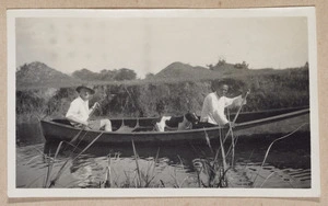 Rewi Alley, a dog, and the gardener in a boat, China