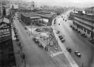 View showing the site of the tramway power house on the corner of Jervois Quay and Wakefield Street, Wellington