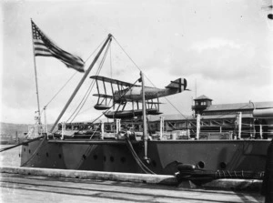 United States Navy Vought VO-1 seaplane on the warship Pennsylvania, Wellington Harbour