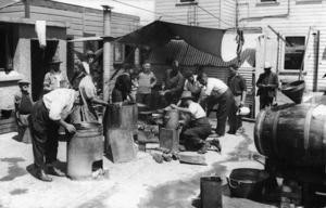 Men boiling water at a temporary aid depot in Napier after the earthquake of 1931