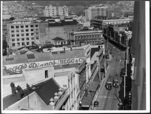 Looking down on Manners Street and buildings, Wellington, Begg & Co building on left - Photographer unidentified