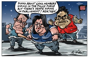 Nisbet, Alastair, 1958- :'Dunno about gang members hiding in the police force, but there's heaps hiding in Parliament! heh! heh!' 21 October 2012