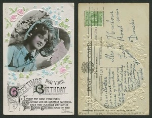 [Postcard]. Greetings for your birthday. If I today thy hand could press / 'Twould give me greatest happiness / But since that pleasure may not be / Fond loving greetings speed to thee. Copyright Beagles' Postcards. J Beagles & Co., Ltd., E.C., Printers & Publishers [1911]