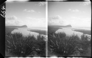 Beach scene showing flax and river mouth, unidentified location