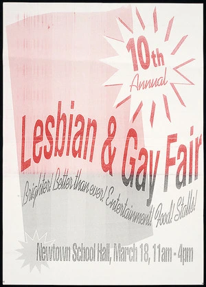 Artist unknown :10th annual lesbian & gay fair. Brighter! Better than ever! Entertainment! Food! Stalls! Newtown School Hall, March 18, 11am - 4 pm [1995]